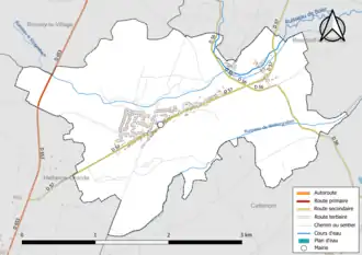 Carte en couleur présentant le réseau hydrographique de la commune