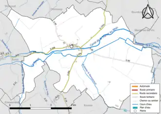 Carte en couleur présentant le réseau hydrographique de la commune