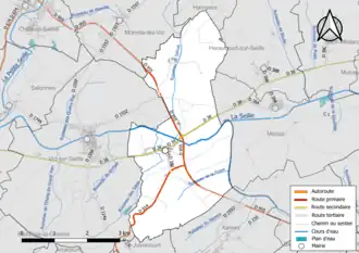 Carte en couleur présentant le réseau hydrographique de la commune