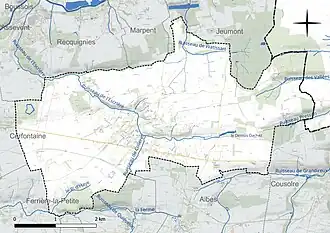Carte en couleur présentant le réseau hydrographique de la commune