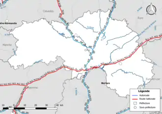 Carte du réseau routier national (autoroutes et routes nationales) dans le département de l'Orne