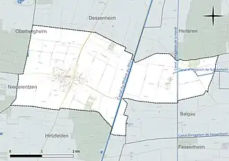 Carte en couleur présentant le réseau hydrographique de la commune