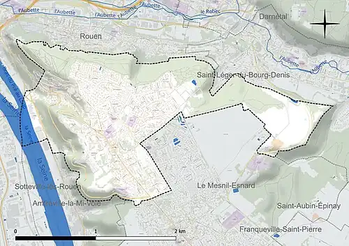 Carte en couleur présentant le réseau hydrographique de la commune