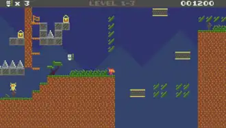 Capture d'écran d'un jeu vidéo de plateformes adoptant un style 8 bits.