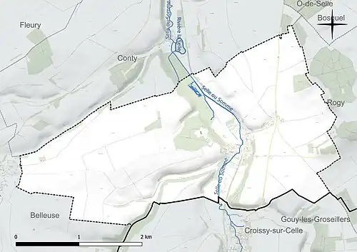 Carte en couleur présentant le réseau hydrographique de la commune