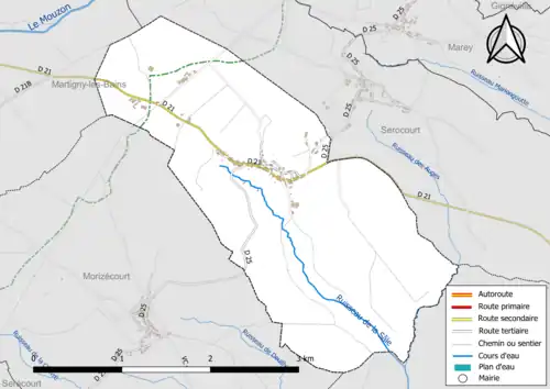 Carte en couleur présentant le réseau hydrographique de la commune