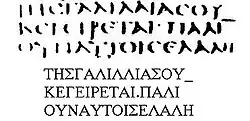 Extrait du manuscrit en langue grecque ancienne suivie de la transcription en graphie moderne du texte omis