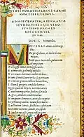 Page des Odes d'Horace, avec texte en italiques imitant la cursive (Venise, 1501) [exemplaire enluminé].