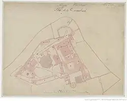 Plan de la citadelle (1830). A-palais du Dey ; P-palais des Beys ; F-mosquée du Dey ; Y-mosquée des janissaires ; I, K -Harem.