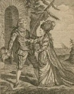 gravure d'un homme et d'une femme face à face en habits d'époque