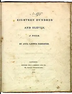 Le texte dit "Eighteen Hundred and Eleven, A Poem. By Anna Laetitia Barbauld. London: Printed for J. Johnson and Co., St. Paul's Churchyard. 1812."