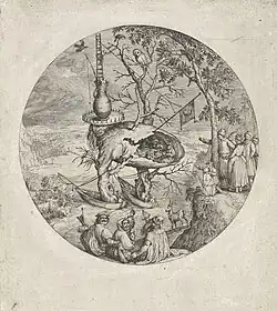 Dessin à la mine d'un homme de trois-quart dos regarde le spectateur. Son tronc est évidé et contient des personnages attablés