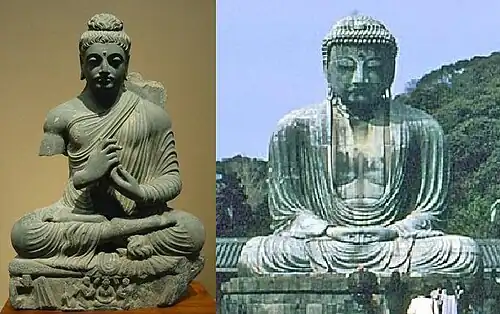 Évolution iconographique du Bouddha. A gauche : un bouddha dans lart gréco-bouddhique du Gandhara, IIIe&nbsp;siècle&nbsp;av. J.-C. À droite : un bouddha à Kamakura, Japon (1252).