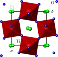 Structure cristalline de la pérovskite, projetée sur le plan (a, b). Rouge : Ti, vert : Ca, bleu : O.