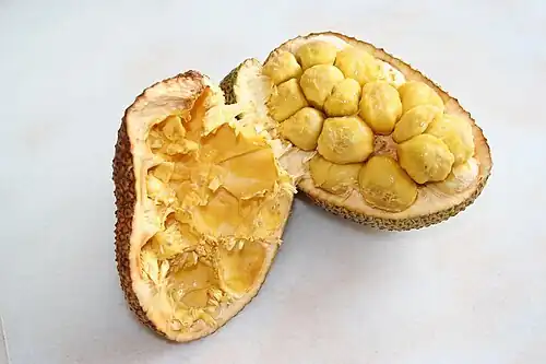 Fruit de Cempédak ouvert.