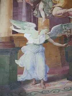 Ange les bras ouverts, les ailes déployées, une fleur à la main