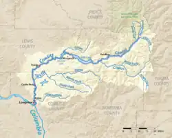 Carte du bassin versant de la rivière Cowlitz, affluent du fleuve Columbia.