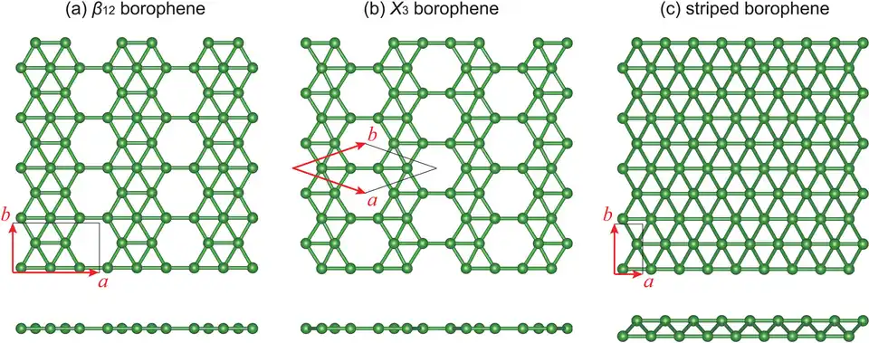 Structures pseudocristallines de borophène obtenues expérimentalement[4] : (a) borophène β12 (feuillet γ ou feuillet υ1/6), (b) borophène χ3 (feuillet υ1/5).