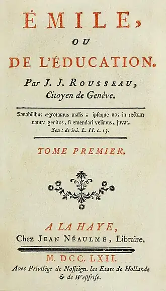 Page de titre du livre "Émile, ou De l'éducation", en caractères typographiques classiques. Titre en majuscules rouges sur fond crème, texte noir. Style typographique ancien, décorations ornementales.