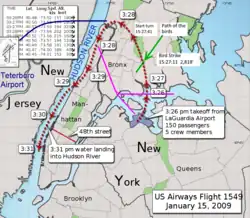 Carte d'une vue aérienne de Manhattan indiquant avec des pointillés rouges la trajectoire suivie de l'avion, ainsi que des trajectoires alternatives vers d'autres aéroports où l'avion aurait pu se diriger.