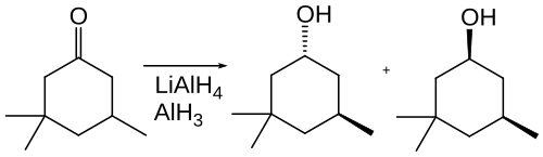 Réduction d'une cyclohexanone substituée par l'alanate de lithium LiAlH4 ou l'alane AlH3.