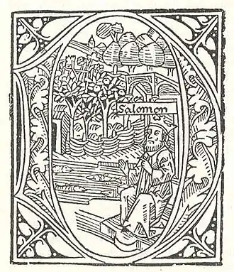 Initiale tirée de la Bible allemande, imprimée par Zainer à Augsbourg en 1477.