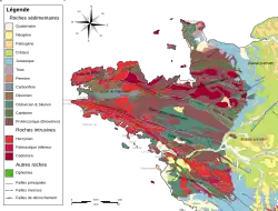 Carte en couleur décrivant la géomorphologie d'une zone s'étandant du Cotentin à la Vendée