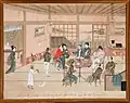 "Grande fête". Estampe japonaise de Kawagara Keiga dans laquelle Jean Guillaume de Sturler au milieu est représenté dans sa résidence officielle sur Dejima, 1825.