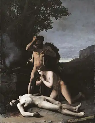 Adam et Ève trouvant le corps d'Abel, Jean-Jacques Henner (1858), huile sur carton, musée national Jean-Jacques-Henner, Paris