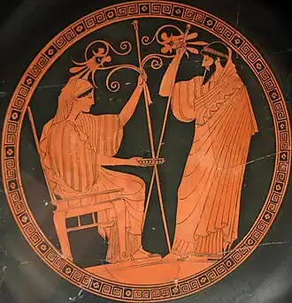Héra et Prométhée. Médaillon d'un kylix à figures rouges de Douris, 490-480 av. J.-C. Vulci (Étrurie). Bibliothèque nationale de France.