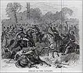 Une unité de cavalerie paraguayenne (à gauche) est chargée par un soldat monté allié (à droite) pendant la bataille de Lomas Valentinas (Harper's New Monthly Magazine, 1870).