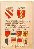 Représentation des armoiries de six des huit cantons (sans Zurich ni Berne, mais avec Soleure et Appenzell) dans un manuscrit de 1459 réalisé pour Albert VI, archiduc d'Autriche. Le texte dénonce "les Suisses" comme des "vassaux sans foi" qui tiennent leurs territoires illégalement.