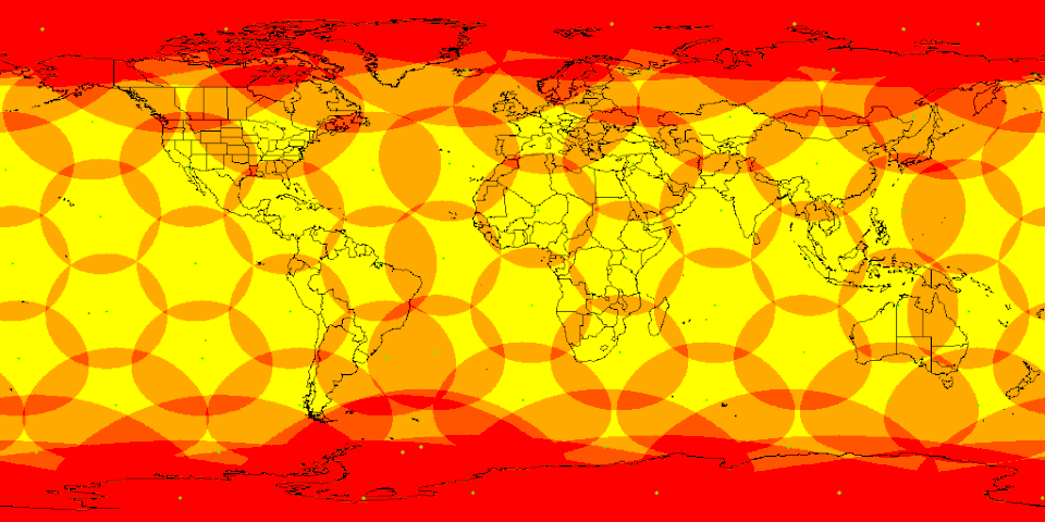 Couverture téléphonique des satellites Iridium circulant en orbite basse sans obstacle (pas de contrainte d'élévation) (jaune : 1 satellite visible, orange : 2 satellites visibles, rouge plus de 2 satellites)