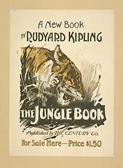 L'illustration, en noir, blanc et jaune, représente la tête de profil d'un tigre. Le texte : A new book by Rudyard Kipling, The Jungle Book published by The Century Co. For Sale Here - Price 1,50 $.