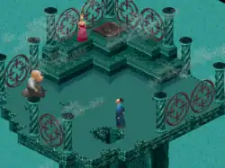 Capture d'écran prise à la fin du jeu, lors du combat final entre Twinsen et FunFrock, tandis que Zoé est située en haut de l'écran.