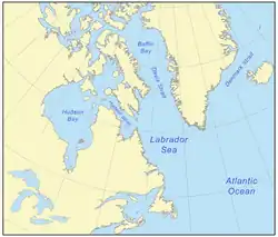 Carte de la mer du Labrador. La mer s'étend au sud jusqu'à la pointe sud-est de Terre-Neuve.