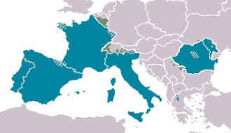 Entraunes dans l'aire d'extension des langues romanes à partir du VIe&nbsp;siècle.
