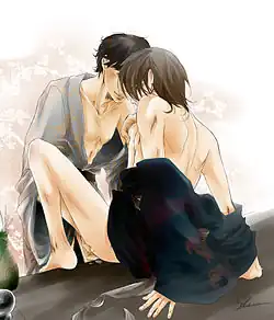 Dessin manga couleur, ou deux hommes à moitié déshabillés se font face à face, l'homme de gauche étant dans une posture dominante par rapport à l'homme de droite.