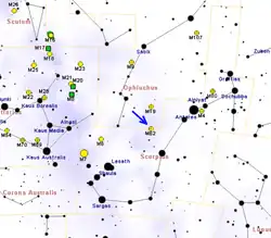 Emplacement de M62 dans la constellation d'Ophiuchus.