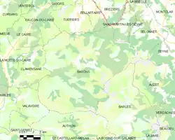 Carte élémentaire montrant les limites de la commune, les communes voisines, les zones de végétation et les routes