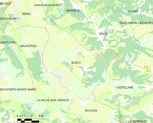 Carte élémentaire montrant les limites de la commune, les communes voisines, les zones de végétation et les routes
