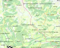 Carte élémentaire montrant les limites de la commune, les communes voisines, les zones de végétation et les routes