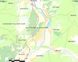 Carte élémentaire montrant les limites de la commune, les communes voisines, les zones de végétation et les routes