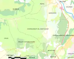 Carte élémentaire montrant les limites de la commune, les communes voisines, les zones de végétation et les routes
