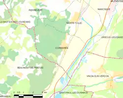 Carte élémentaire montrant les limites de la commune, les communes voisines, les zones de végétation et les routes