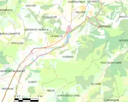 Carte élémentaire montrant les limites de la commune, les communes voisines, les zones de végétation et les routes