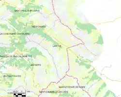 Carte élémentaire montrant les limites de la commune, les communes voisines, les zones de végétation et les routes