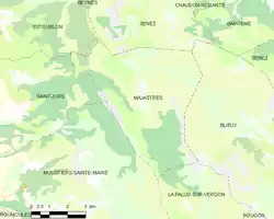 Carte élémentaire montrant les limites de la commune, les communes voisines, les zones de végétation et les routes