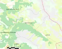 Carte élémentaire montrant les limites de la commune, les communes voisines, les zones de végétation et les routes