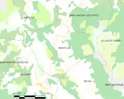 Carte élémentaire montrant les limites de la commune, les communes voisines, les zones de végétation et les routes